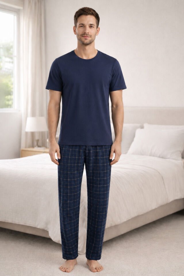 Erkek Lacivert Kısa Kollu Ekose Desenli Pamuklu Pijama Takımı Lacivert - M