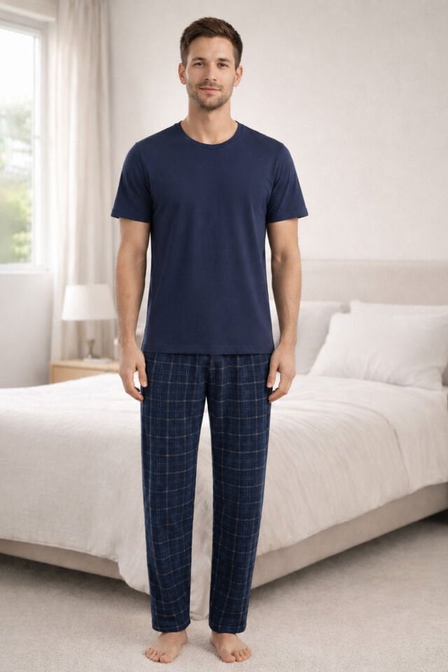 Erkek Lacivert Kısa Kollu Ekose Desenli Pamuklu Pijama Takımı Lacivert - M