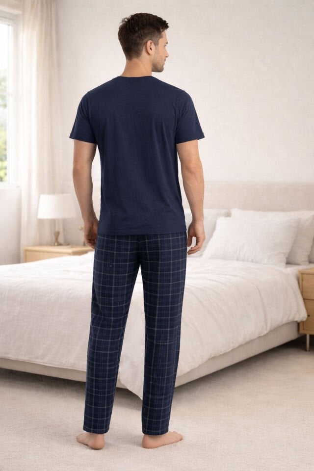 Erkek Lacivert Kısa Kollu Ekose Desenli Pamuklu Pijama Takımı Lacivert - M
