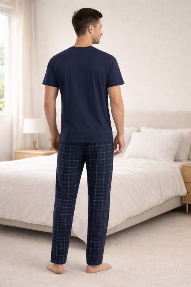 Erkek Lacivert Kısa Kollu Ekose Desenli Pamuklu Pijama Takımı Lacivert - M