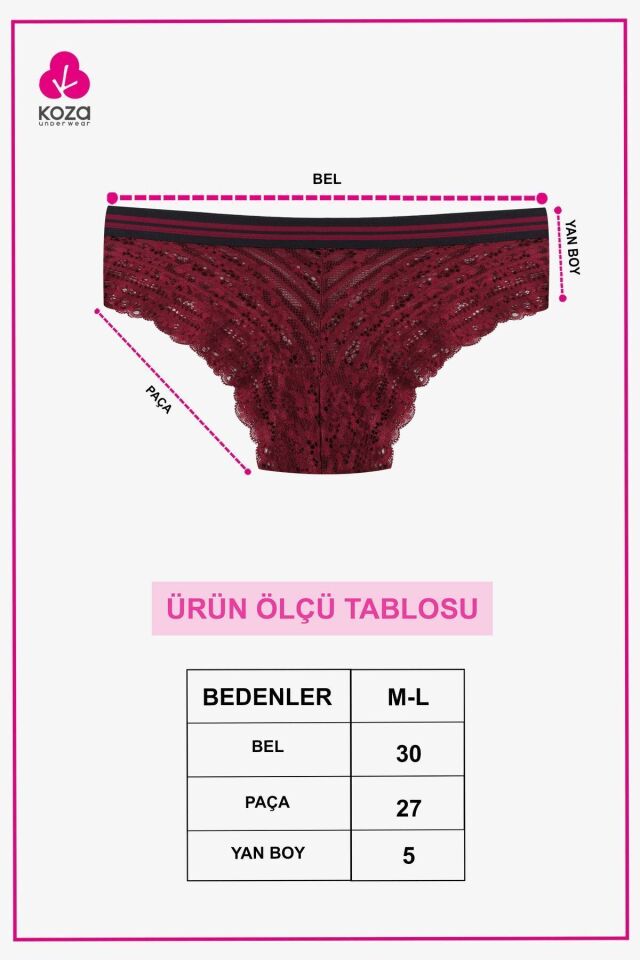 Kadın 3'lü Çizgili Lastikli Dantelli Külot Siyahbeyazbordo - M