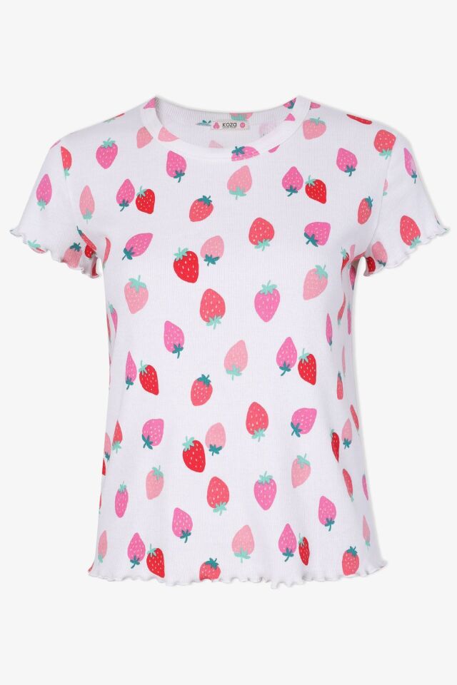 Kadın Pamuklu Kısa Kollu Baby Overloklu Çilek Desenli Şortlu Pijama Takımı KO70110 Çilek Desen - L - KO70110 Çilek Desen - L