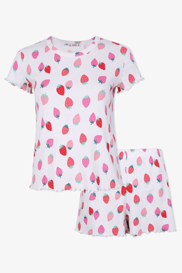 Kadın Pamuklu Kısa Kollu Baby Overloklu Çilek Desenli Şortlu Pijama Takımı KO70110 Çilek Desen - XL - KO70110 Çilek Desen - XL