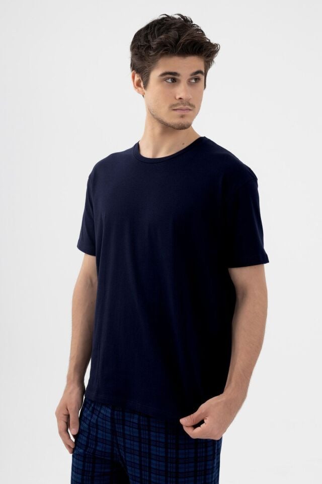 Erkek Pamuklu Kısa Kollu Lacivert Ekose Desenli Cep Detaylı Pijama Takımı Lacivert - 2XL