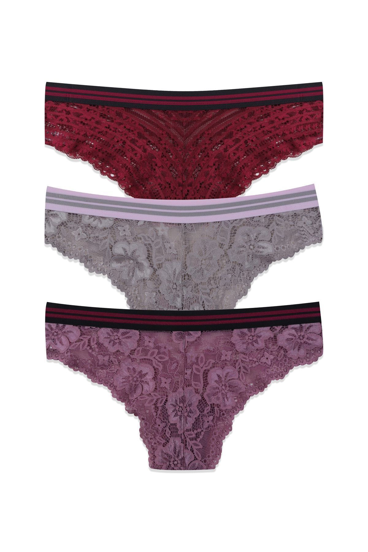 Kadın 3'lü Çizgili Lastikli Dantelli Külot Bordovizongkurusu - M