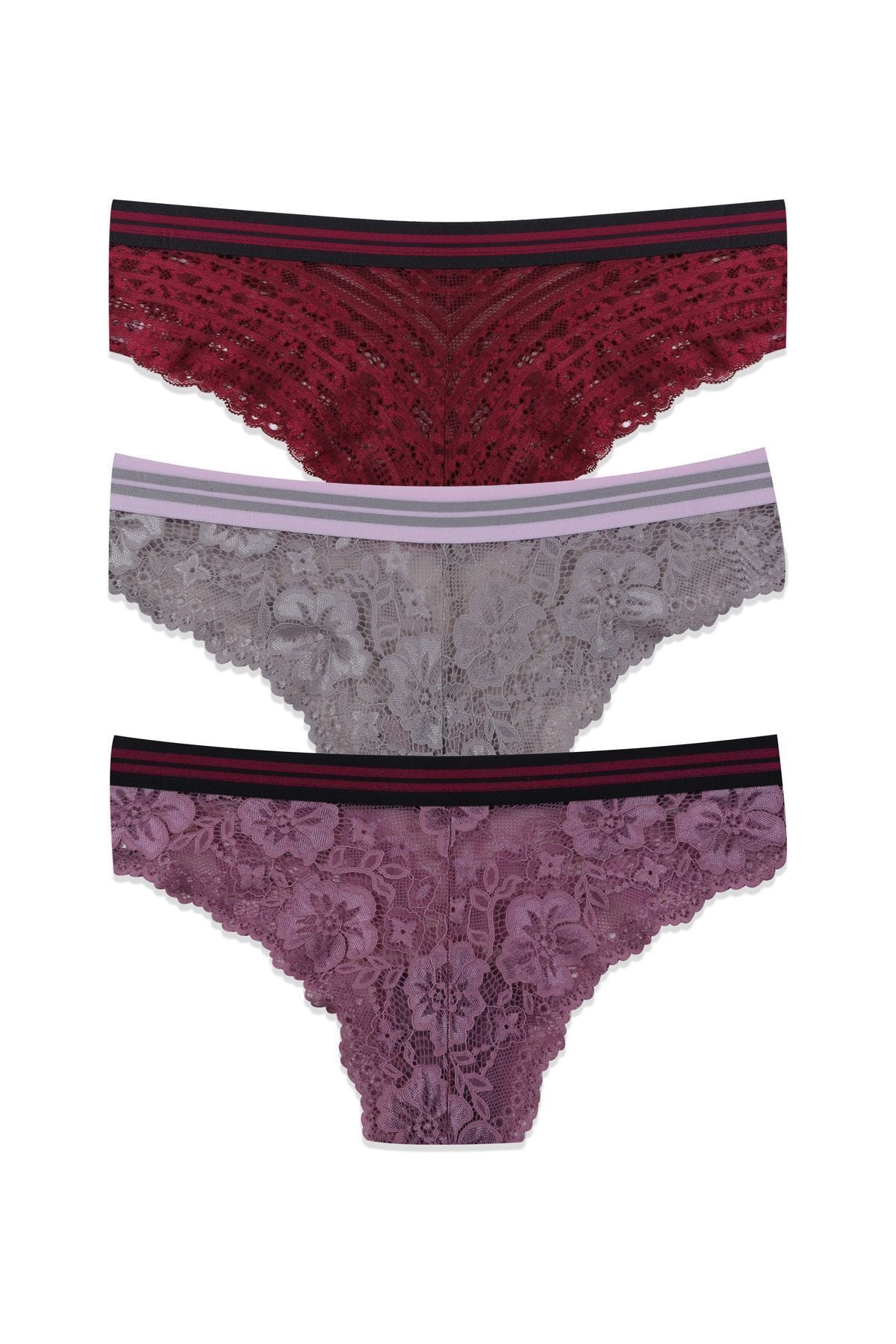 Kadın 3'lü Çizgili Lastikli Dantelli Külot Bordovizongkurusu - M