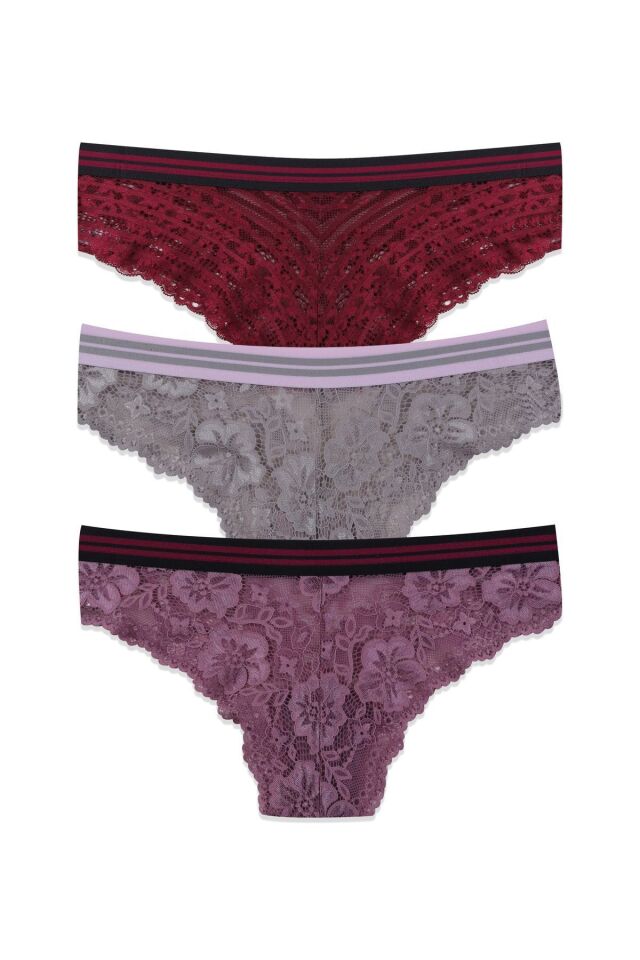 Kadın 3'lü Çizgili Lastikli Dantelli Külot Bordovizongkurusu - M