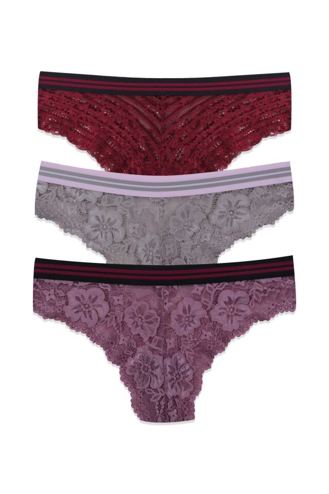 Kadın 3'lü Çizgili Lastikli Dantelli Külot Bordovizongkurusu - M