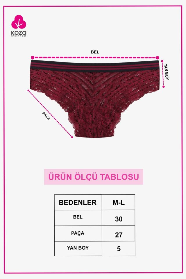 Kadın 3'lü Çizgili Lastikli Dantelli Külot Bordovizongkurusu - M