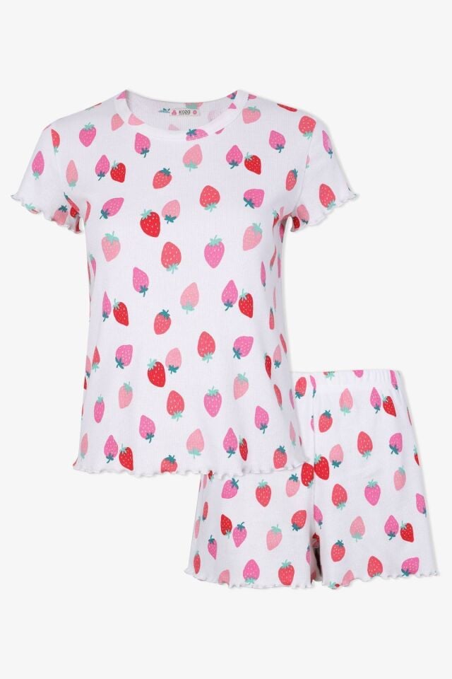 Kadın Pamuklu Kısa Kollu Baby Overloklu Çilek Desenli Şortlu Pijama Takımı KO70110 Çilek Desen - M - KO70110 Çilek Desen - M
