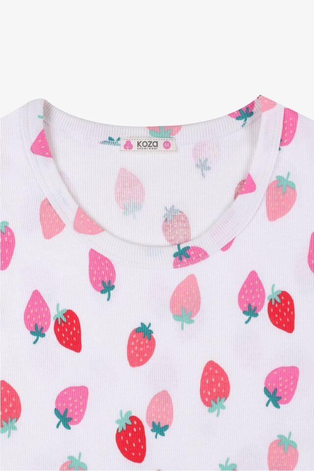 Kadın Pamuklu Kısa Kollu Baby Overloklu Çilek Desenli Şortlu Pijama Takımı KO70110 Çilek Desen - M - KO70110 Çilek Desen - M