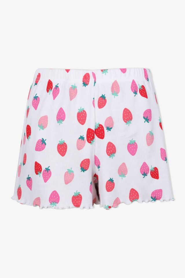 Kadın Pamuklu Kısa Kollu Baby Overloklu Çilek Desenli Şortlu Pijama Takımı KO70110 Çilek Desen - M - KO70110 Çilek Desen - M