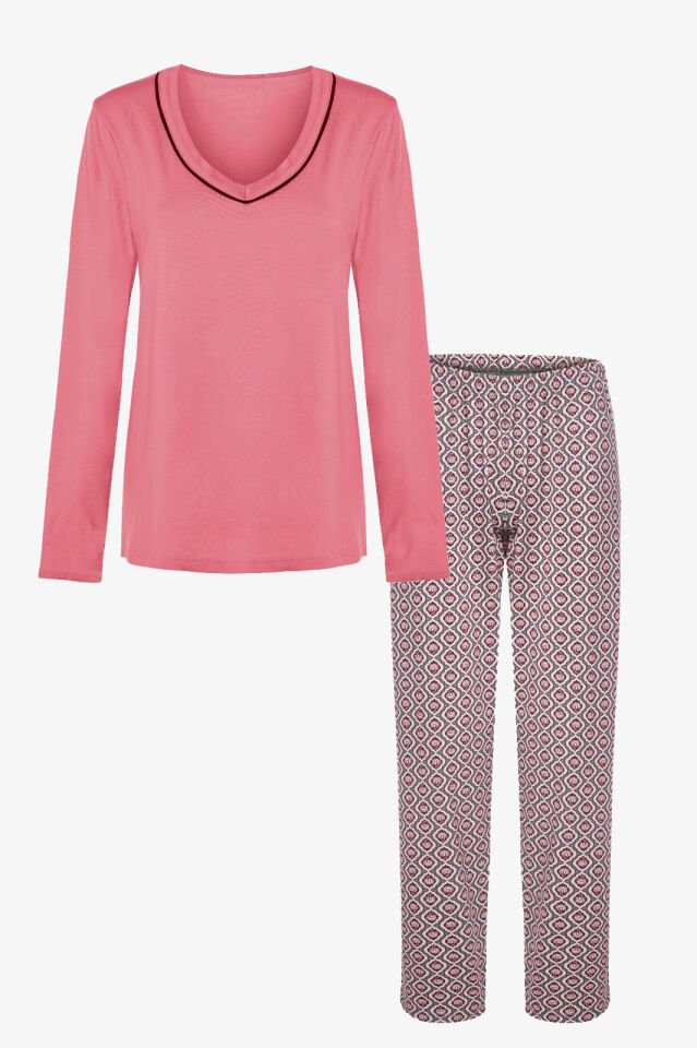 Kadın Pamuklu V Yaka Biye Detaylı Alt Desenli Uzun Kollu Pijama Takımı XL - Pudra - Kahverengi