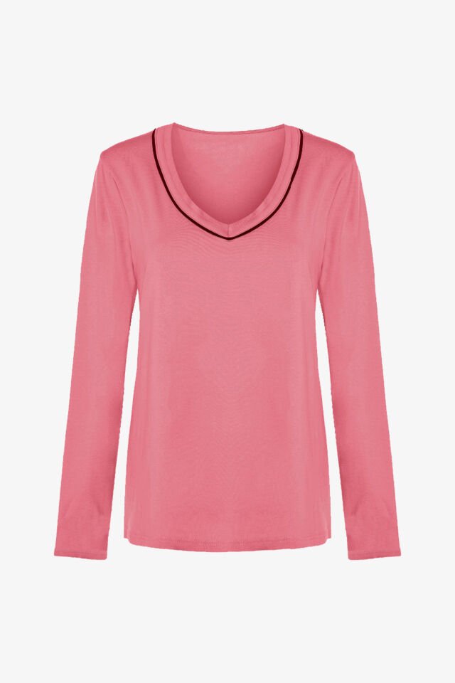 Kadın Pamuklu V Yaka Biye Detaylı Alt Desenli Uzun Kollu Pijama Takımı XL - Pudra - Kahverengi