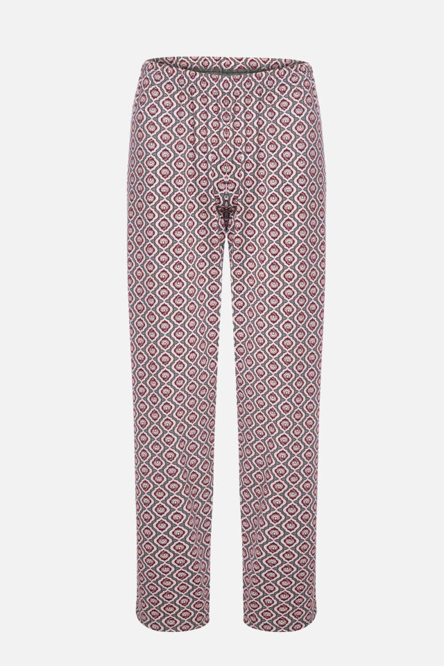 Kadın Pamuklu V Yaka Biye Detaylı Alt Desenli Uzun Kollu Pijama Takımı XL - Pudra - Kahverengi