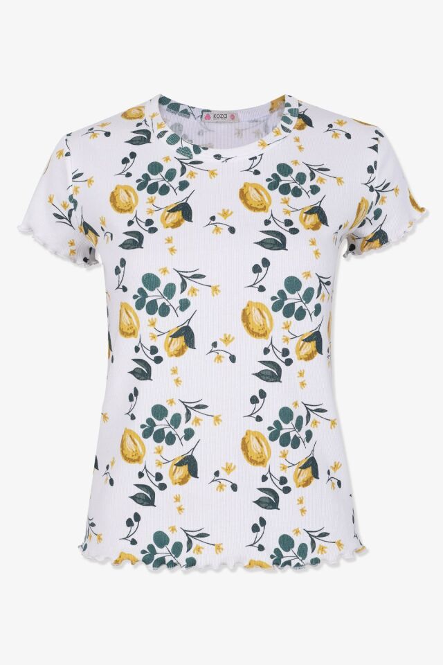 Kadın Pamuklu Baby Overloklu Limon Desenli Şortlu Pijama Takımı KO70112 Limon Desen - S - KO70112 Limon Desen - S