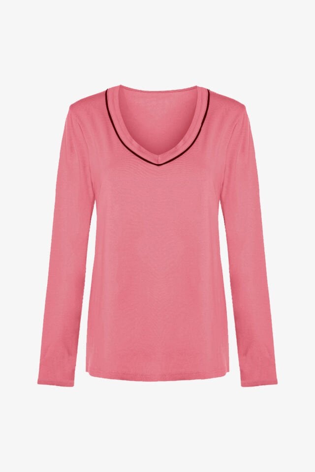 Kadın Pamuklu V Yaka Biye Detaylı Alt Desenli Uzun Kollu Pijama Takımı 2XL - Pudra - Kahverengi