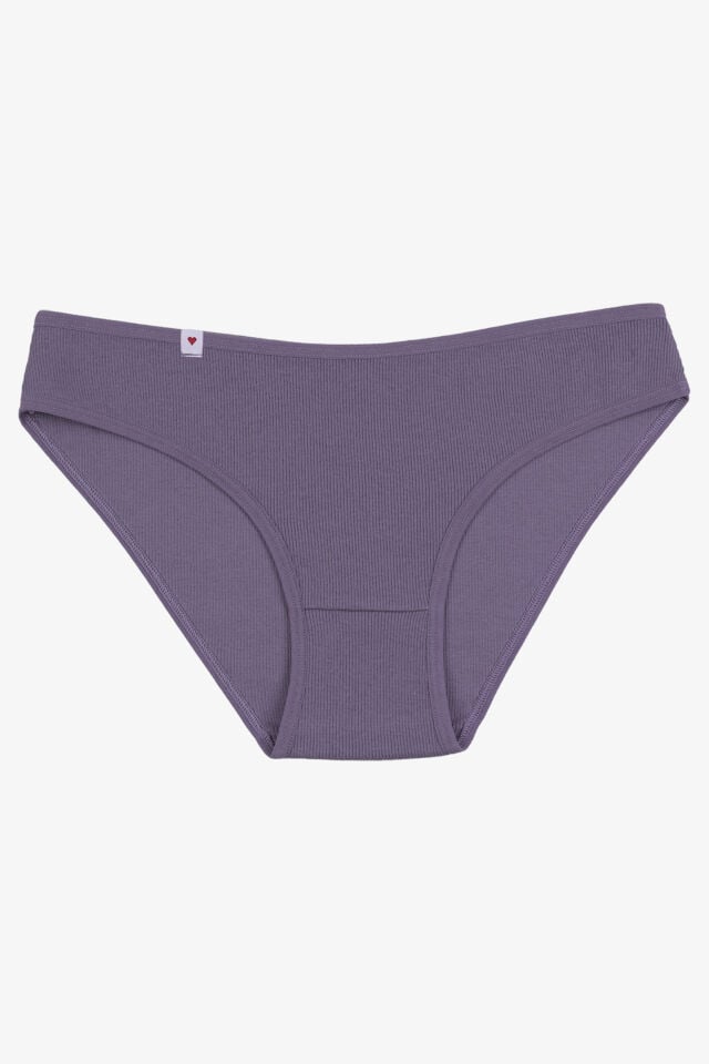 Kadın Külot 5 li Pamuklu Etiket Detaylı Fitilli Ribana Lila - Gri - L - XL