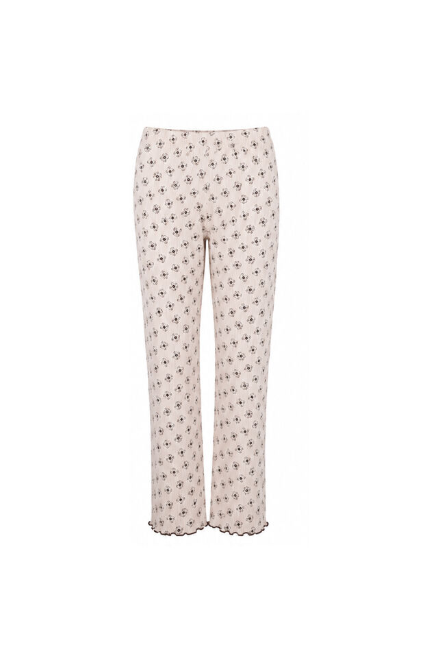 Sevgililer Günü Temalı Kadın Pamuklu Çıtır Çiçek Desenli Baby Overloklu Fiyonklu Uzun Kollu Pijama Takımı Ekru - Kahverengi - L