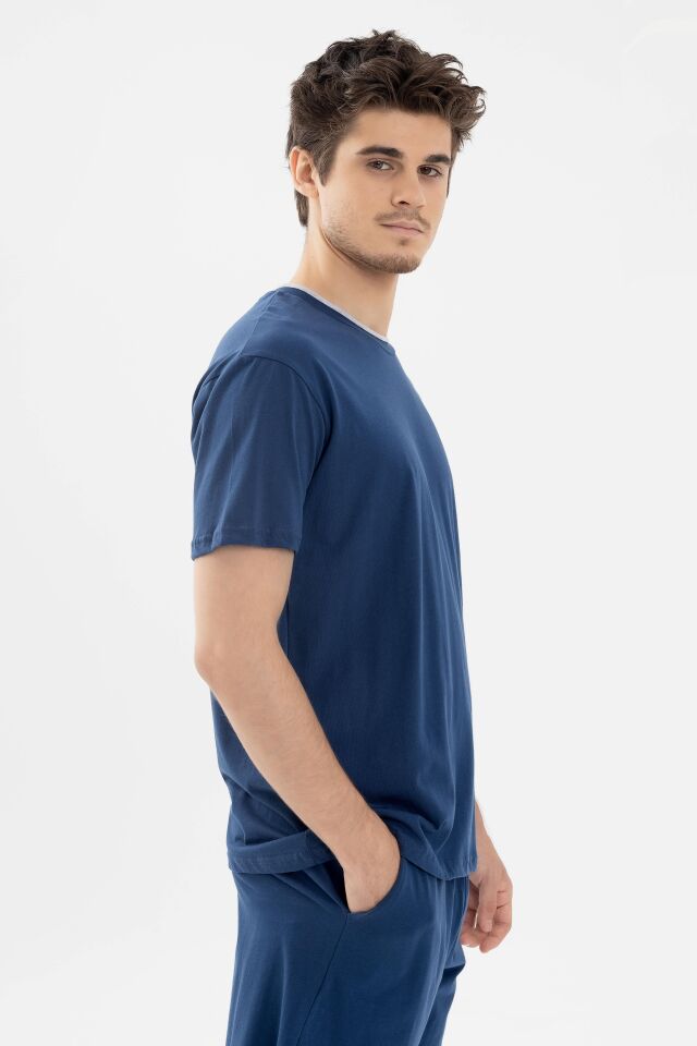 Erkek Double Yaka Şortlu Pijama Takımı KO6304TS-2 İndigo - XL