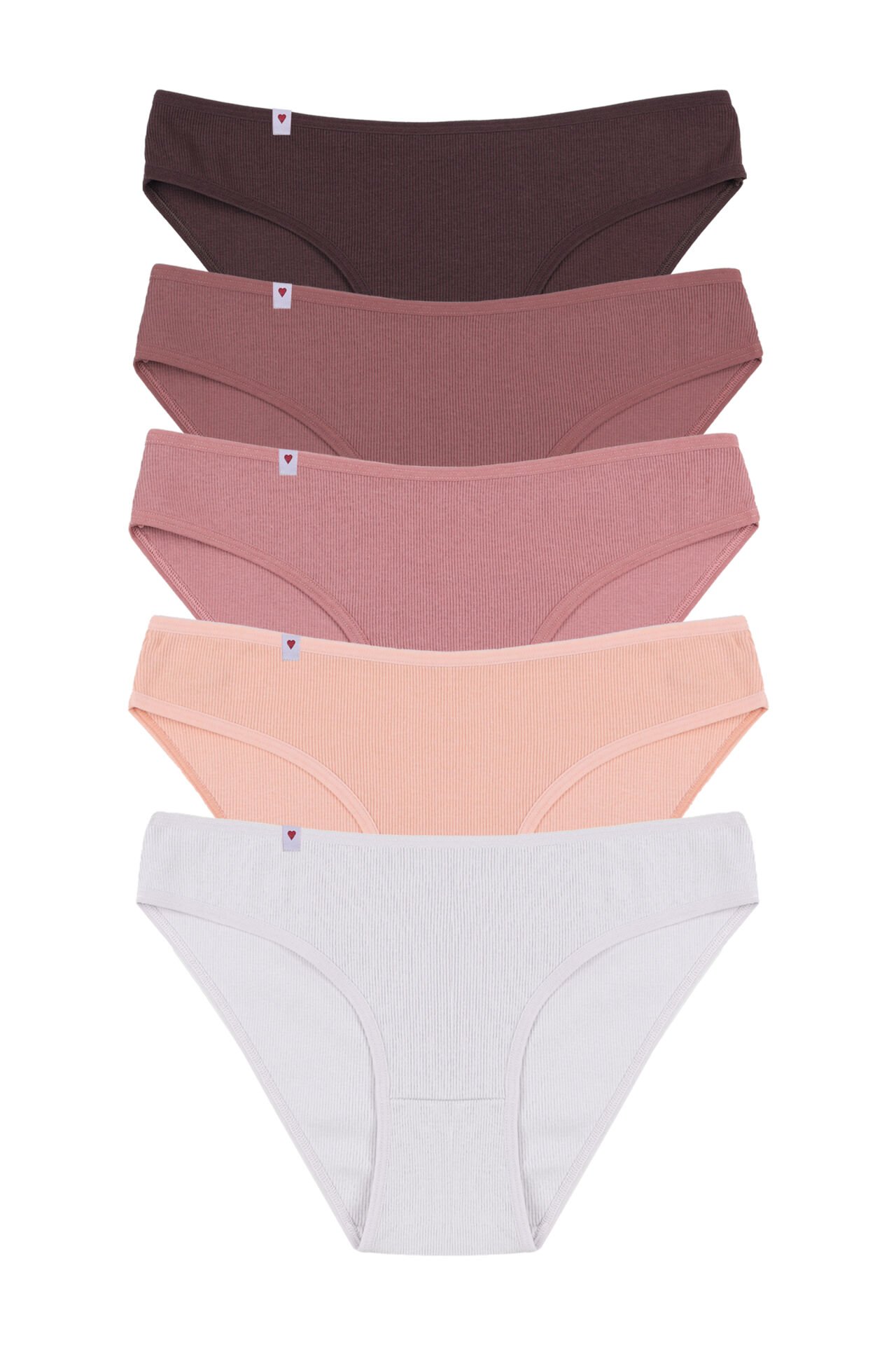 Kadın Külot 5 li Pamuklu Etiket Detaylı Fitilli Ribana Kahvrengi - Ekru - S - M