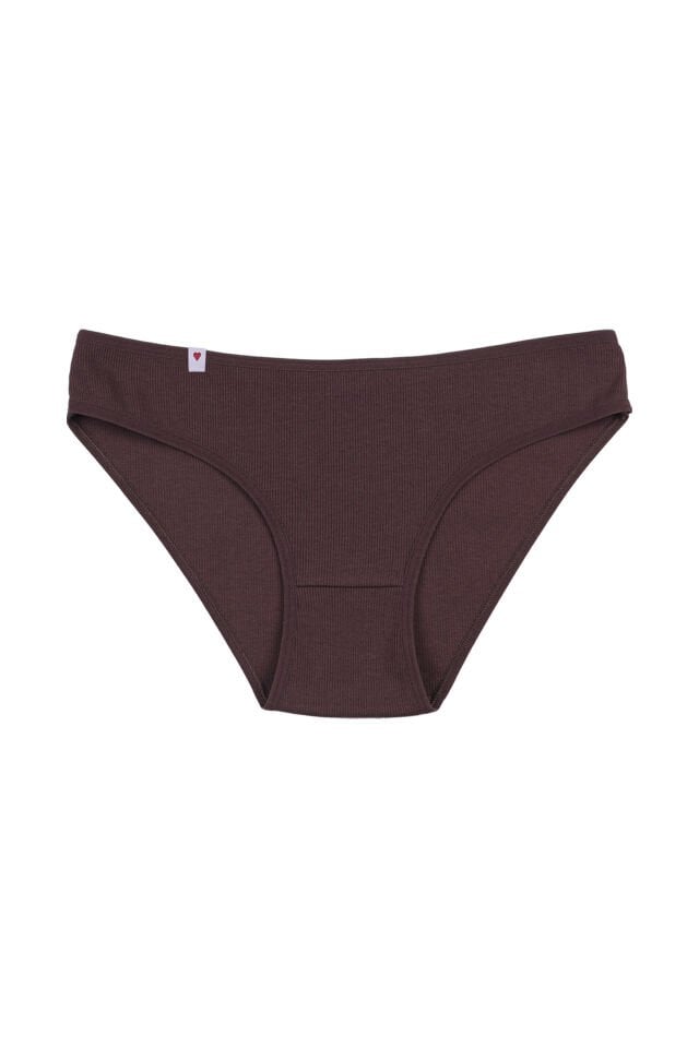 Kadın Külot 5 li Pamuklu Etiket Detaylı Fitilli Ribana Kahvrengi - Ekru - S/M