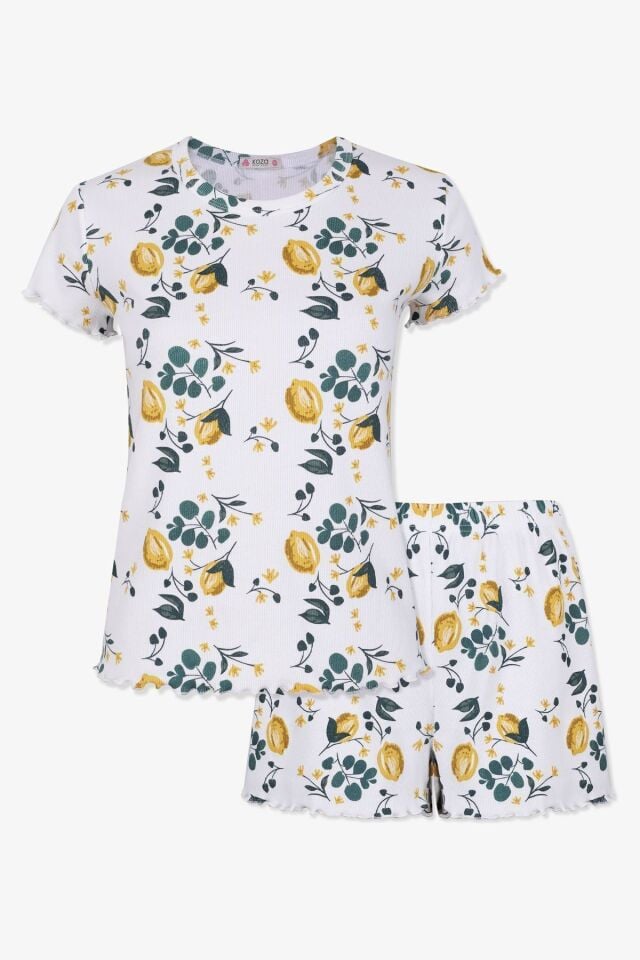 Kadın Pamuklu Baby Overloklu Limon Desenli Şortlu Pijama Takımı KO70112 Limon Desen - M - KO70112 Limon Desen - M