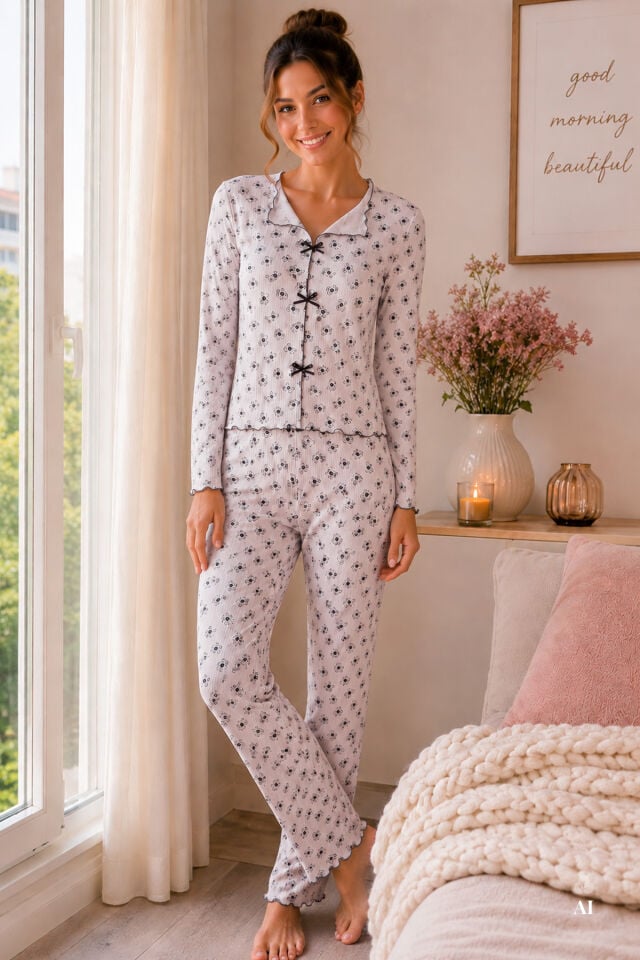 Sevgililer Günü Temalı Kadın Pamuklu Çıtır Çiçek Desenli Baby Overloklu Fiyonklu Uzun Kollu Pijama Takımı Ekru - Kahverengi - XL