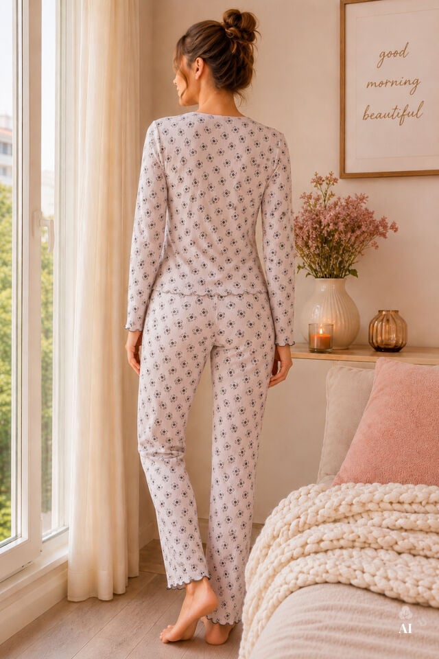Sevgililer Günü Temalı Kadın Pamuklu Çıtır Çiçek Desenli Baby Overloklu Fiyonklu Uzun Kollu Pijama Takımı Ekru - Kahverengi - XL
