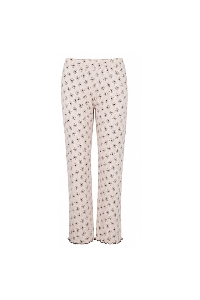 Sevgililer Günü Temalı Kadın Pamuklu Çıtır Çiçek Desenli Baby Overloklu Fiyonklu Uzun Kollu Pijama Takımı Ekru - Kahverengi - XL