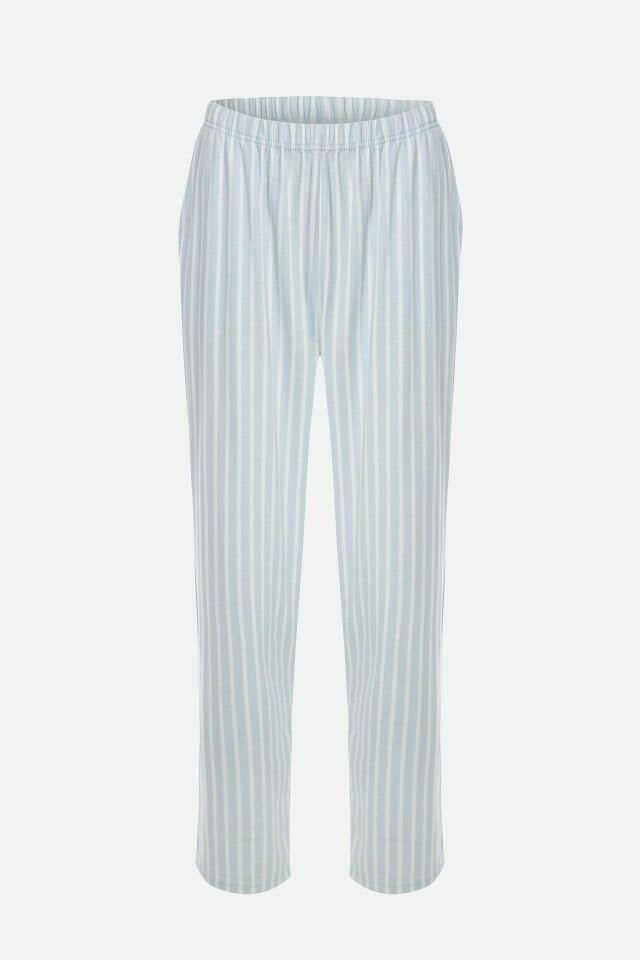 Erkek Pamuklu Uzun Kollu Üst Baskılı Alt Çizgili Cep Detaylı Pijama Takımı Beyaz - Mavi - S