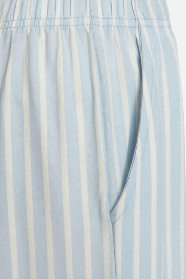 Erkek Pamuklu Uzun Kollu Üst Baskılı Alt Çizgili Cep Detaylı Pijama Takımı Beyaz - Mavi - S