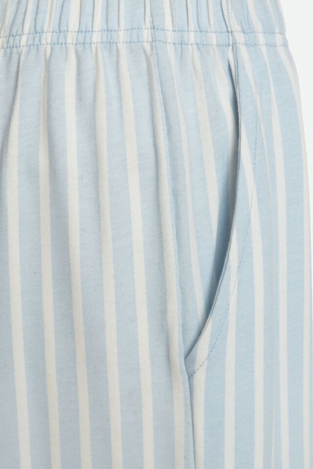 Erkek Pamuklu Uzun Kollu Üst Baskılı Alt Çizgili Cep Detaylı Pijama Takımı Beyaz - Mavi - S
