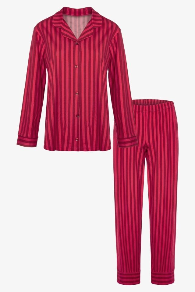 Kadın Pamuklu Kırmızı Çizgili Gömlek Yaka Uzun Kollu Pijama Takımı