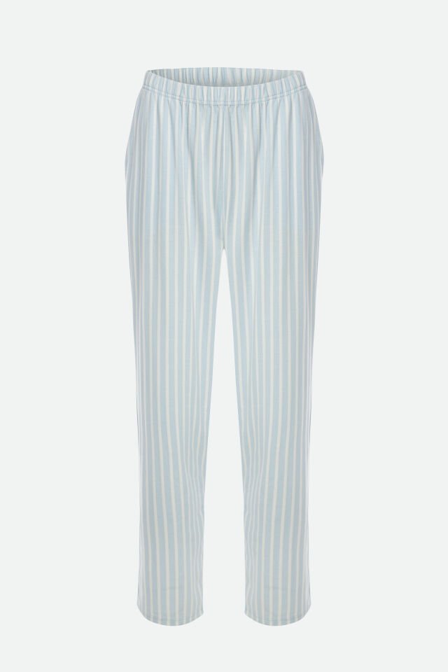 Erkek Pamuklu Uzun Kollu Üst Baskılı Alt Çizgili Cep Detaylı Pijama Takımı Beyaz - Mavi - M
