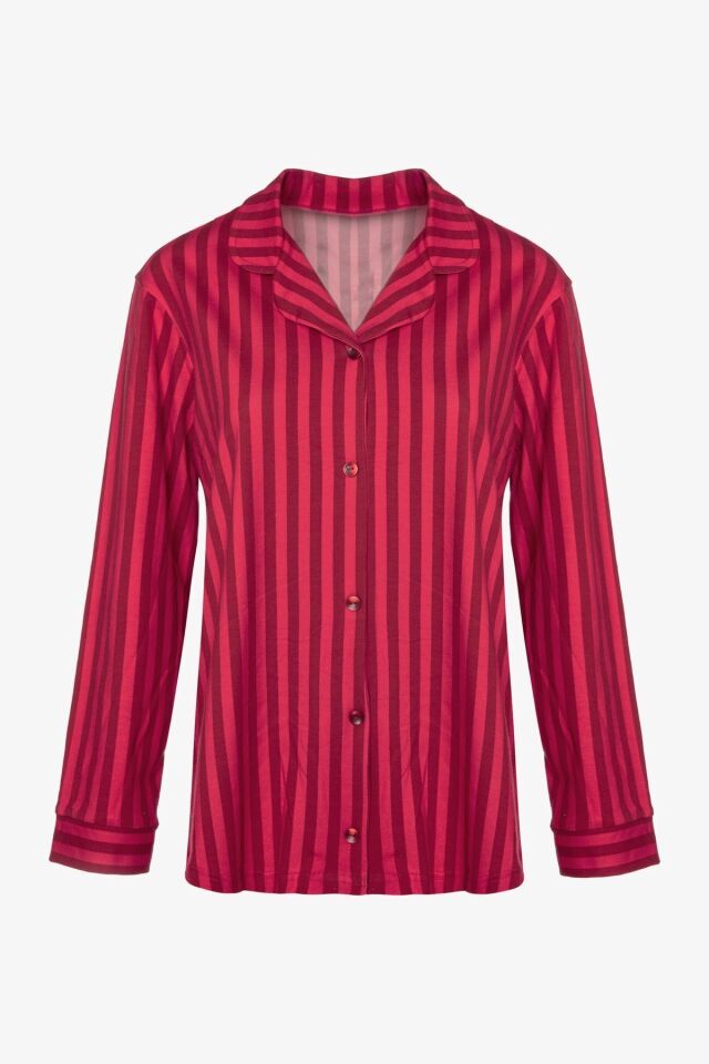 Kadın Pamuklu Kırmızı Çizgili Gömlek Yaka Uzun Kollu Pijama Takımı Desenli - M