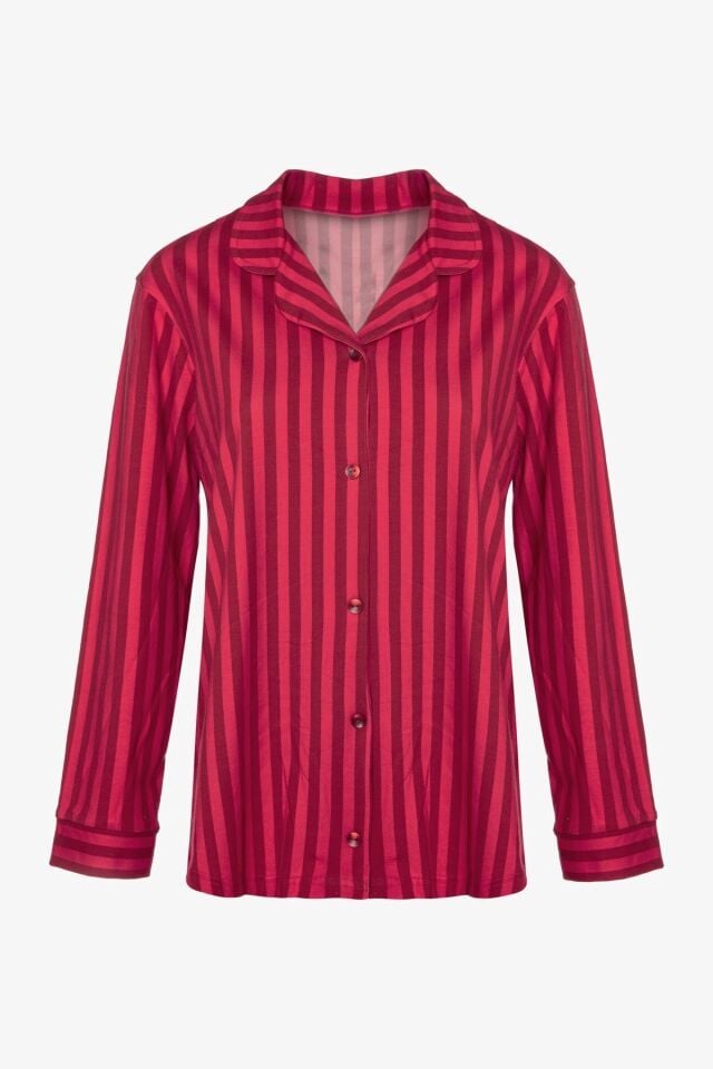 Kadın Pamuklu Kırmızı Çizgili Gömlek Yaka Uzun Kollu Pijama Takımı Desenli - M