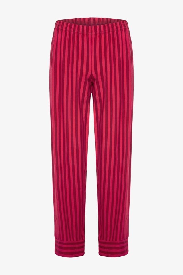 Kadın Pamuklu Kırmızı Çizgili Gömlek Yaka Uzun Kollu Pijama Takımı Desenli - M