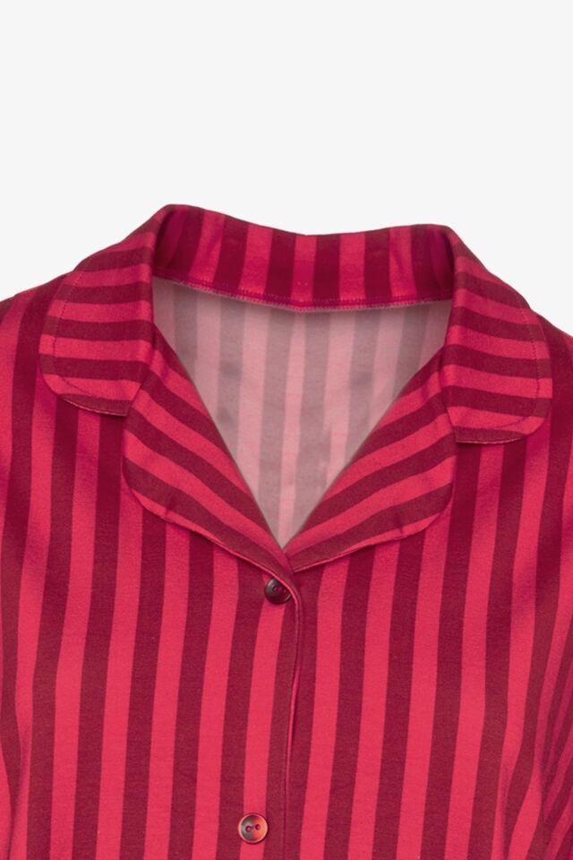 Kadın Pamuklu Kırmızı Çizgili Gömlek Yaka Uzun Kollu Pijama Takımı Desenli - M