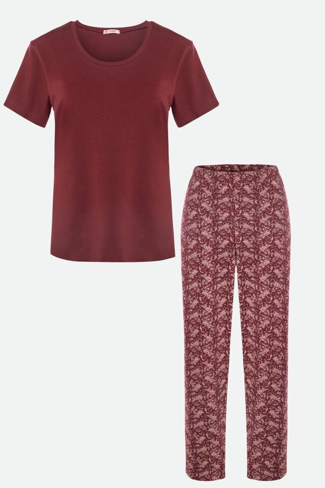 Kadın Pamuklu Alt Desenli Curve Pijama Takımı 4XL - Bordo - Kahve