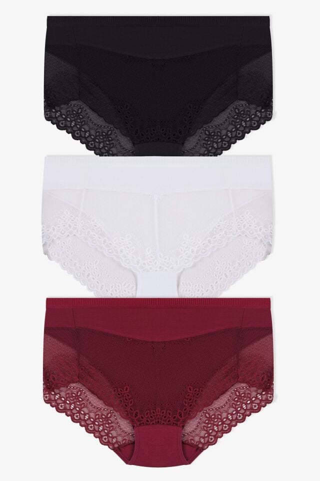 Kadın 3'lü Dantel Detaylı Yüksek Bel Külot KO20900 Siyah-Ekru-Bordo - L/XL - KO20900 Siyah-Ekru-Bordo - L/XL