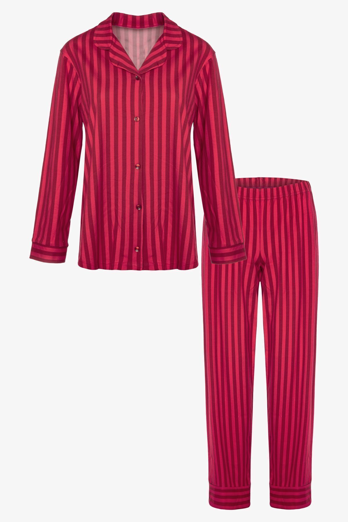 Kadın Pamuklu Kırmızı Çizgili Gömlek Yaka Uzun Kollu Pijama Takımı Desenli - L