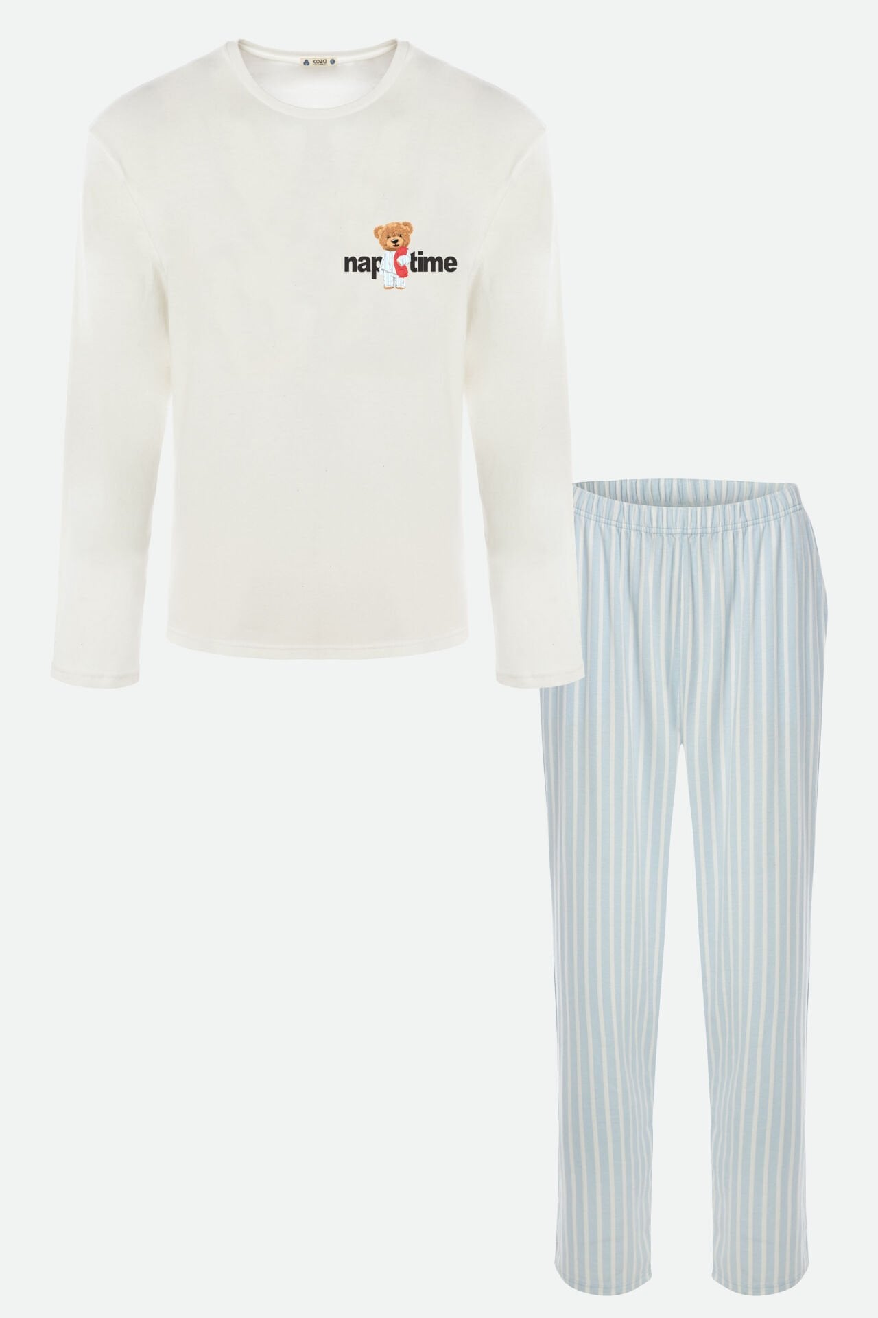 Erkek Pamuklu Uzun Kollu Üst Baskılı Alt Çizgili Cep Detaylı Pijama Takımı Beyaz - Mavi - XL