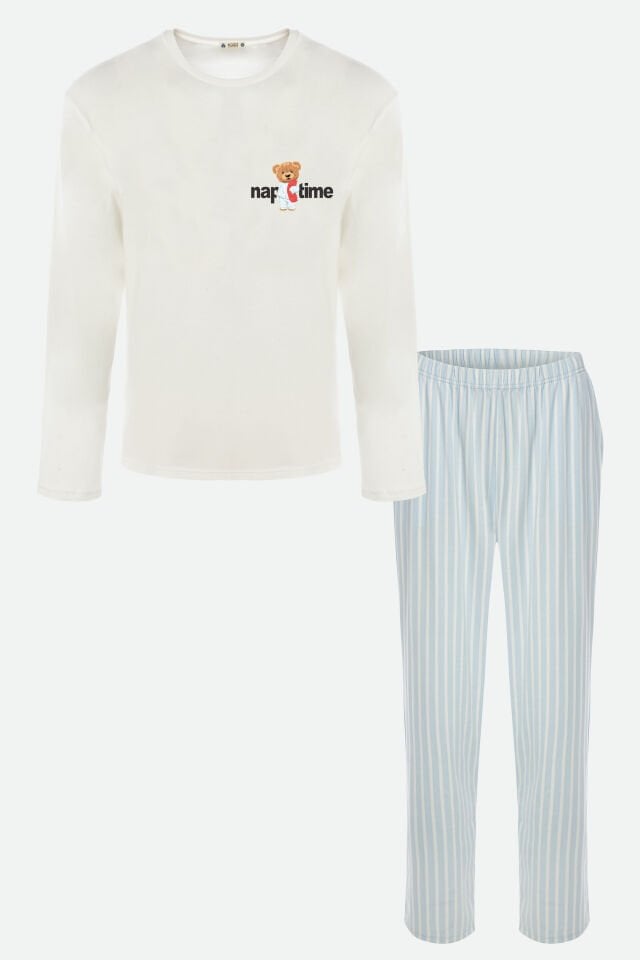 Erkek Pamuklu Uzun Kollu Üst Baskılı Alt Çizgili Cep Detaylı Pijama Takımı Beyaz - Mavi - XL