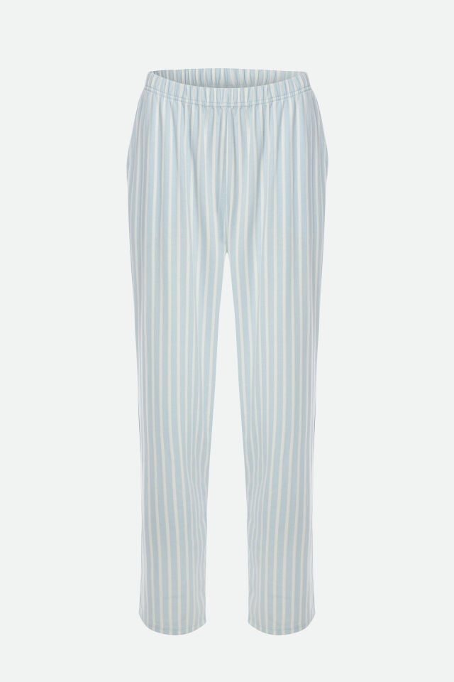 Erkek Pamuklu Uzun Kollu Üst Baskılı Alt Çizgili Cep Detaylı Pijama Takımı Beyaz - Mavi - XL