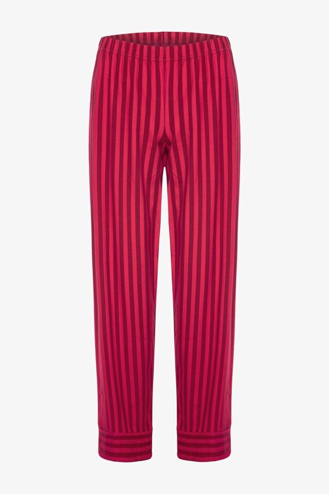 Kadın Pamuklu Kırmızı Çizgili Gömlek Yaka Uzun Kollu Pijama Takımı Desenli - S