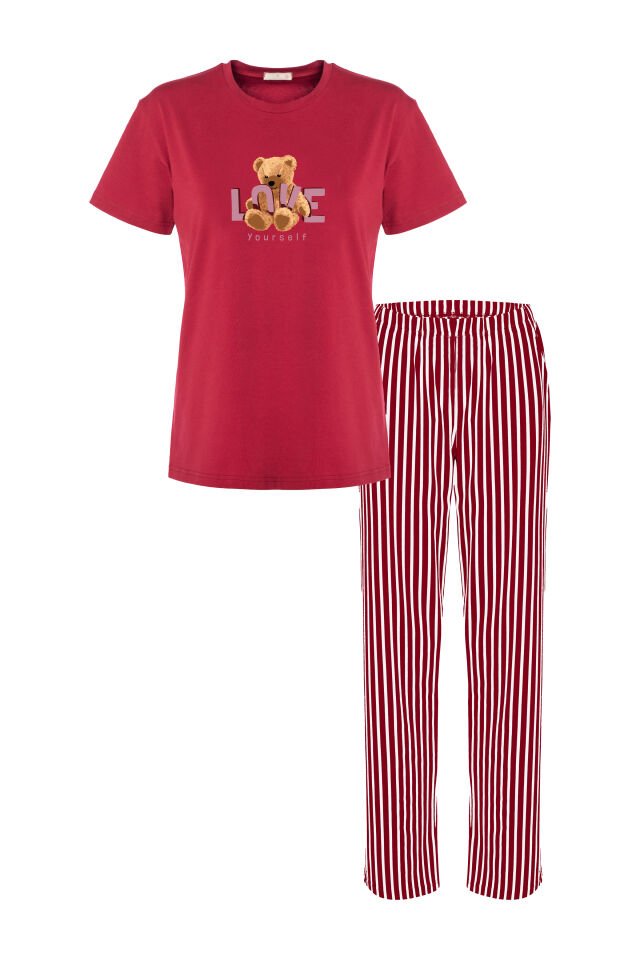 Kadın Kısa Kollu Pamuklu Desenli Pijama Takımı M - Kırmızı - Kahverengi