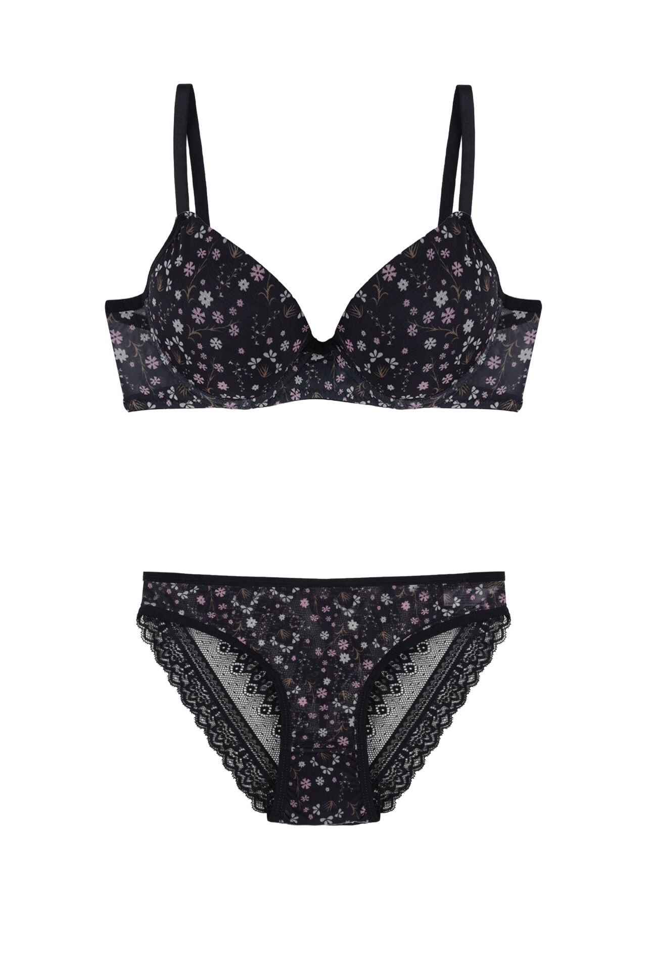 Kadın Çiçekli Destekli/Dolgulu Sütyen Takım Siyah - Mavi - 80B