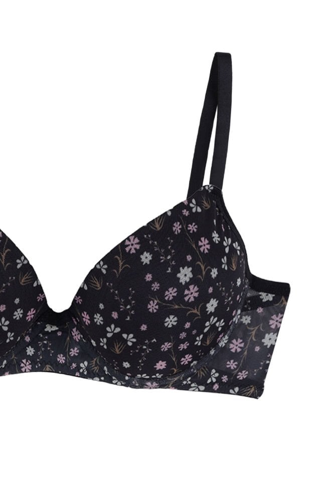 Kadın Çiçekli Destekli/Dolgulu Sütyen Takım Siyah - Mavi - 80B