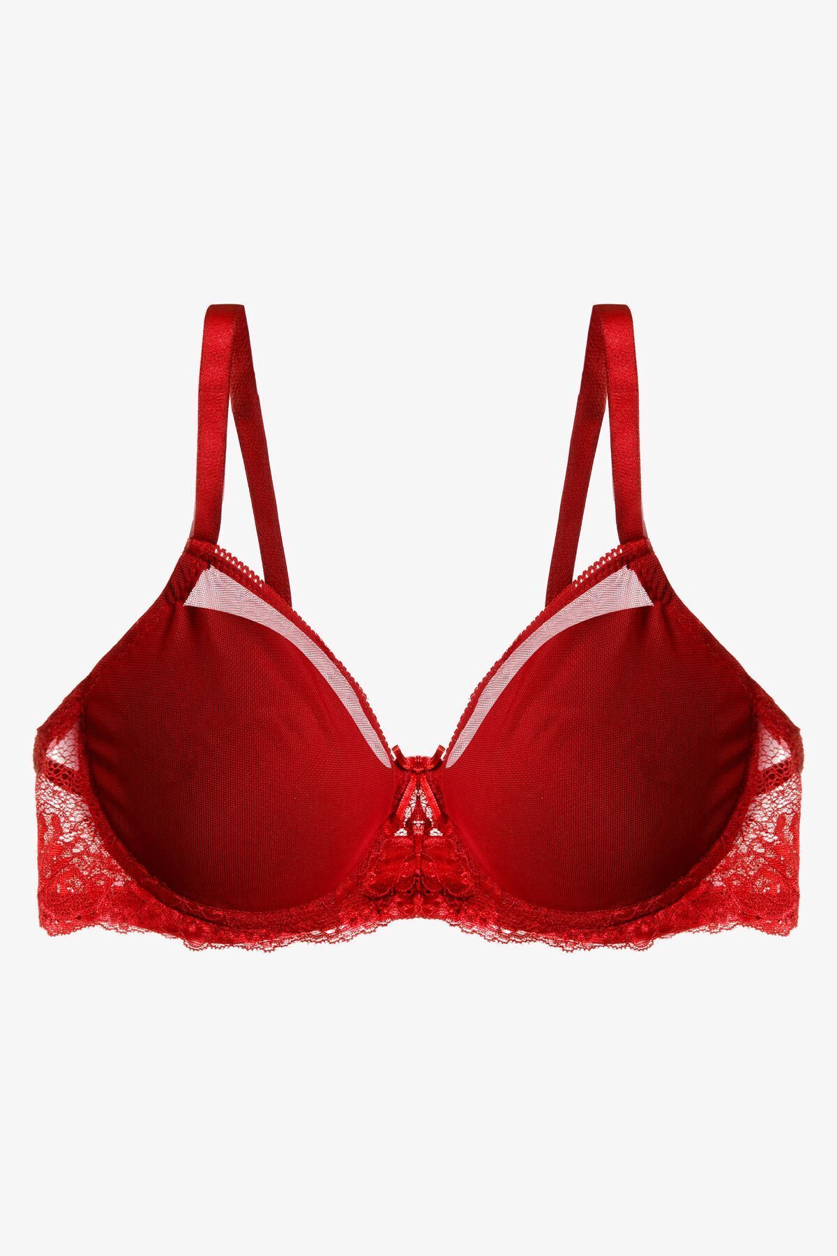 Sevgililer Günü Temalı Kadın Tül Detaylı Dolgusuz Toparlayıcı Minimizer Sütyen Kırmızı - 85B